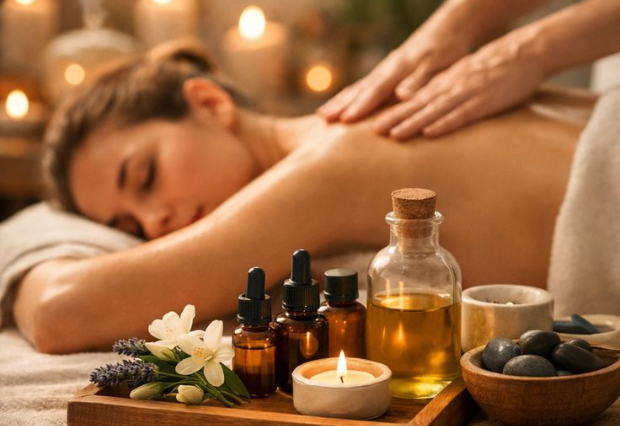 Aromatherapy massage using essential oils to reduce stress and support physical comfort